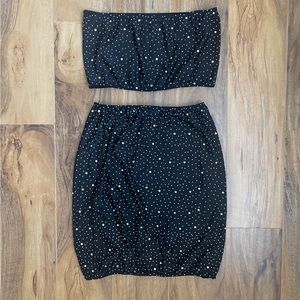 LEG AVENUE / NWOT 2 Piece Black Rhinestone Top + Skirt // Size L